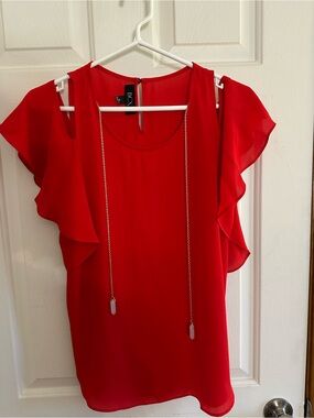 BCX Red Flutter Sleeve Blouse with Chain Tassels
